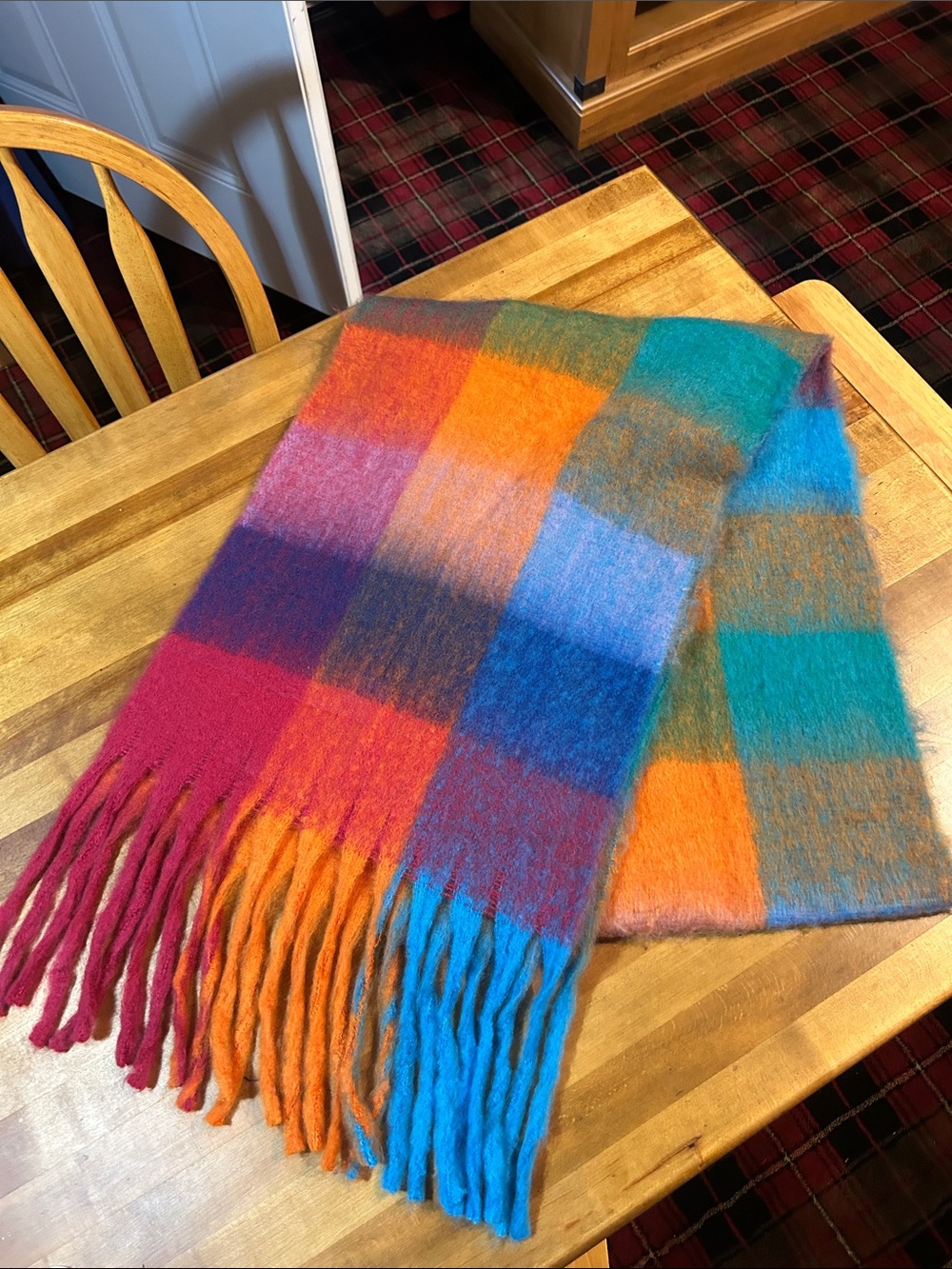 Multicolor Plaid Fringe Scarf/Wrap - Vibrant Orange, Pink, Blue, Teal, Purple